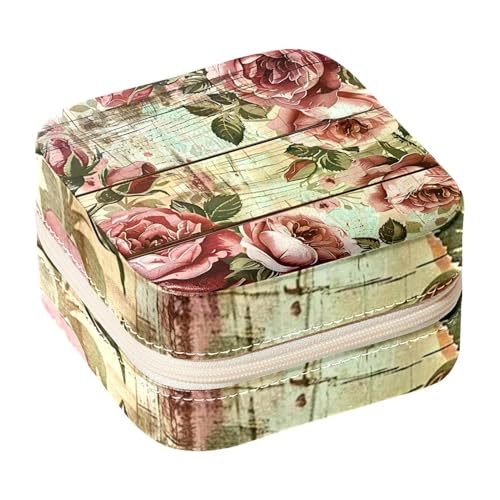 Eslifey Tragbare Mini-Schmuckschatulle mit rosa Rosen auf Holzbrett, kleines Schmuckkästchen für Damen, Leder-Ring-Organizer von Eslifey