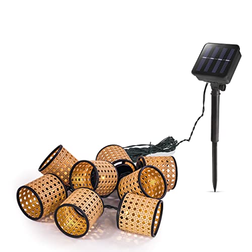Esotec Solar Lichterkette Lampions Körbchen | 2 Meter 8 LED-Laternen warmweiß | AKKU Solarmodul Erdspieß | Korb-LED-Deko-Laterne Laternenlicht Kunststoff Geflecht RATTAN-Optik outdoor 102800 von Esotec