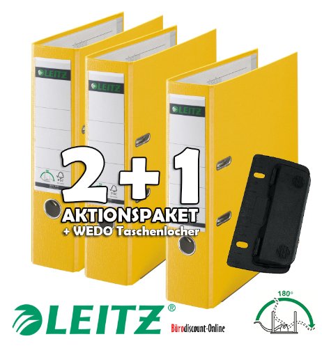 LEITZ Qualitäts-Ordner 180° Plastik - A4, 80 mm, gelb | 2+1 Vorteilspack von Esselte Leitz