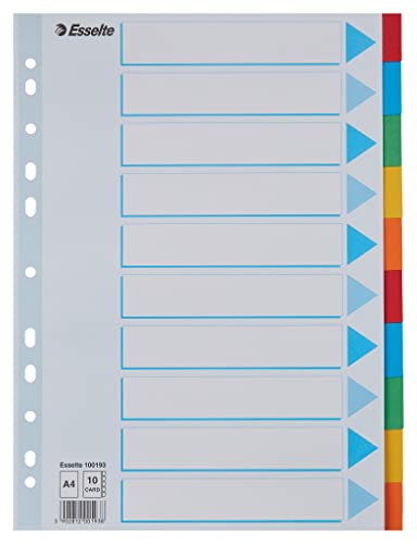 Esselte A4 Ordner-Register, 10er-Set mit je 10 farbigen Trennblättern und einem Deckblatt, für Ringbücher und Ordner mit Hebelmechanik, aus langlebigem, umweltfreundlichem Recycling-Karton, 100193 von Esselte