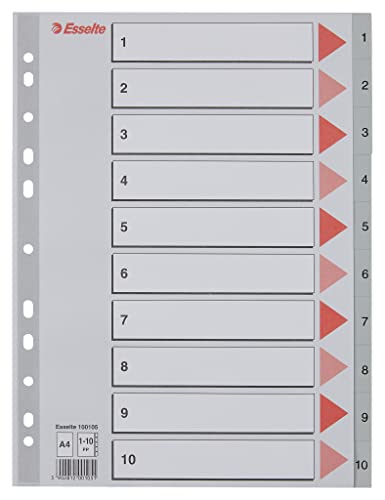 Esselte Register für A4, Deckblatt aus Karton und 10 Trennblätter aus Kunststoff, Taben mit Zahlenaufdruck 1-10, Überbreite, Grau, 100105 von Esselte