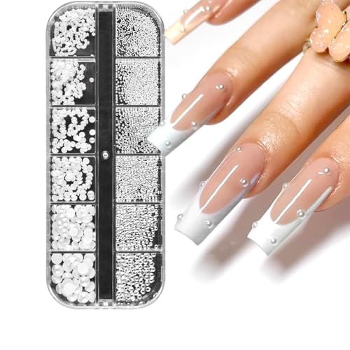 Esshogo 1 Box/12 Raster Nagelsteine, Nail Charms Weiße Perlennägel Halbrunde Perlen Nail Art Charm, Nägel Glitzersteine Nägel Nageldekoration DIY Nail Art Crafts von Esshogo