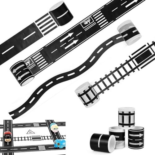 Esshogo 4 Rollen Straßen Klebeband für Kinder Spielen Aufkleber Straße Straßenband, Straßenbande, Züge Eisenbahnen Straße Washi Tape Set Masking Tape für Spielen und Lernen, Kunst, DIY Handwerk von Esshogo