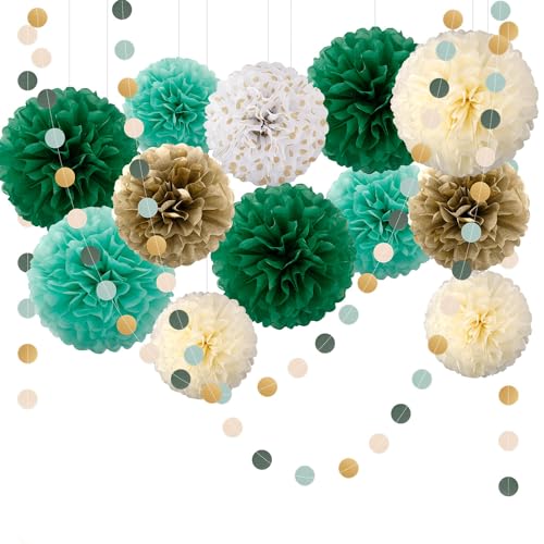 Seidenpapier Pompons Deko, Waldgrün Tissue Papier Pom Poms und Dots Papier Girlande, Bunt Pompons Deko für Hochzeit Tischdeko Geburtstag Babyparty Deko Abschlussball Festival Weihnachten Karneval von Estefanlo