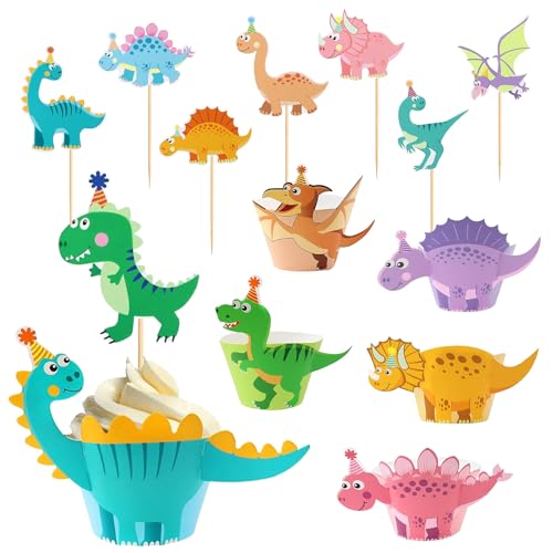 48 Stück Dino Cupcake Wrapper Set, Tortendeko Dinosaurier, 24 Dino Muffinförmchen und 24 Dinosaurier Kuchendekoration, Cake Topper Dinosaurier für Geburtstag Event Party Tiere Thema Party Dekoration von Esteopt