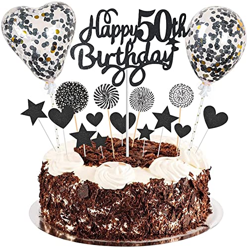 Happy50th Birthday Tortendeko 50 jahre junge mädchen Kuchen Deko50.Geburtstag Schwarz Tortendeko 50. Geburtstag junge Tortendeko Schwarz Mit Herz Stern Ballon Glitter Cake Topper für 50 Geburtstag von Esteopt