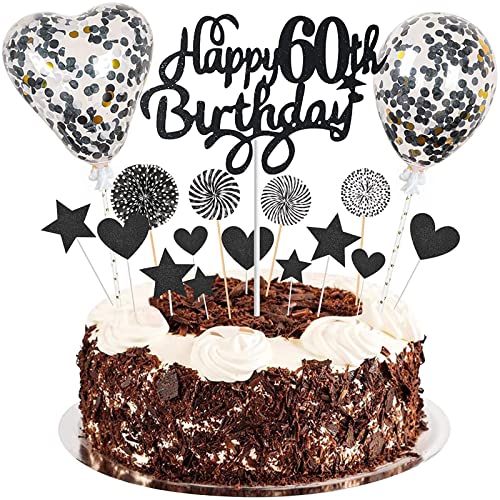 Happy60th Birthday Tortendeko 60 jahre junge mädchen Kuchen Deko60.Geburtstag Schwarz Tortendeko 60. Geburtstag junge Tortendeko Schwarz Mit Herz Stern Ballon Glitter Cake Topper für 60 Geburtstag von Esteopt