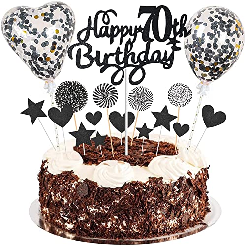 Happy70th Birthday Tortendeko 70 jahre junge mädchen Kuchen Deko70.Geburtstag Schwarz Tortendeko 70. Geburtstag junge Tortendeko Schwarz Mit Herz Stern Ballon Glitter Cake Topper für 70 Geburtstag von Esteopt