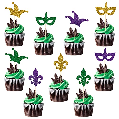 18 Stück Mardi Gras Fleur de Lis Cupcake-Topper Glitzer Grün Lila Gold Kuchen Picks Maskerade Clown Maske Hut Kuchen Topper für Mardi Gras Maskerade Custome Cosplay Party Dekor von Estivaux