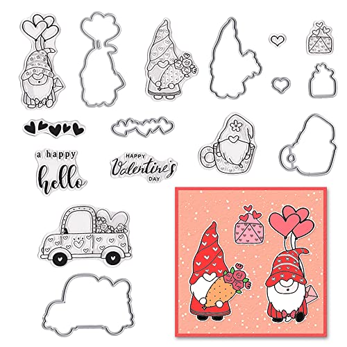 Estivaux Valentines Gnomes Clear Stamps and Dies for Card Making, Heart Truck Rubber Stamps Valentine's Day Gnome Cutting Dies Love Flowers Car Stanzformen für Scrapbooking Journaling Crafts Supplies von Estivaux