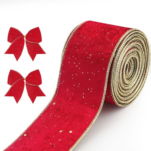 Estivaux Weihnachtsbänder zum Basteln, Weihnachtsband mit Drahtrand, Glitzer, roter Samt, Bastelbänder für Hochzeit, Urlaub, Geschenkverpackung, Weihnachtsdekoration, Zubehör, 9,1 m von Estivaux