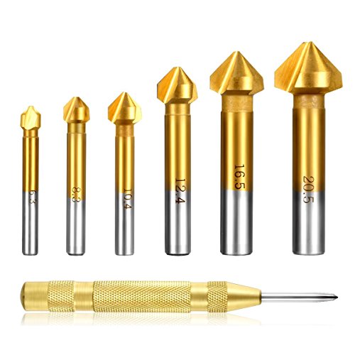 Estmoon 6 tlg 90° Kegelsenker Satz HSS Senker Set, Titan-Beschichtungen Ø 6,3-20,5 mm Senkbohrer mit 1 Pack Messing Automatische Center Bohrer Punch von Estmoon