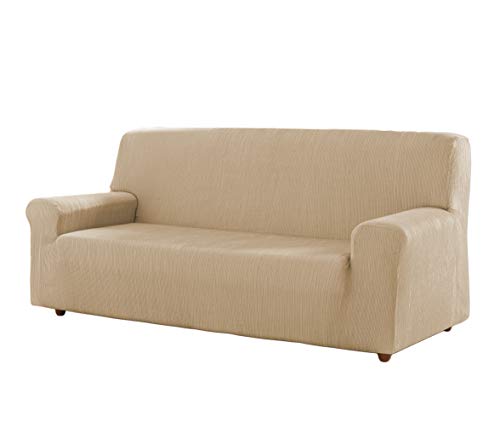 Estoralis | Berta Sofabezug im modernen Design | Elastischer Jacquardstoff | Hellbeige | Für 3-Sitzer-Sofa von 170 bis 220 cm. | Sofaschutz | Anpassbar an alle Arten von Sesseln von Estoralis