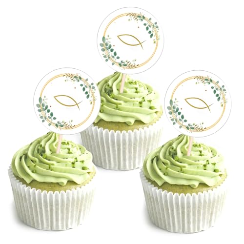 Cupcake Topper Taufe Kuchen Deko Kommunion Konfirmation Tortendeko, 30 Stk Cup Cake Topper Grün Fische Firmung Deko Tortenstecker Taufe von Eteamcan