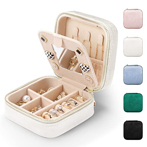 Etercycle Schmuckkästchen Reise, Samt Schmuckschatulle mit Spiegel Tragbare Schmuckbox Schmuckaufbewahrung für Ringe, Ohrringe, Halsketten und Armbänder (Beige) von Etercycle