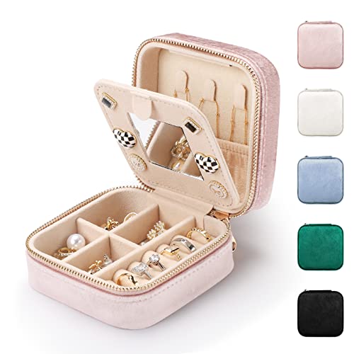 Etercycle Schmuckkästchen Reise, Samt Schmuckschatulle mit Spiegel Tragbare Schmuckbox Schmuckaufbewahrung für Ringe, Ohrringe, Halsketten und Armbänder (Rosa) von Etercycle