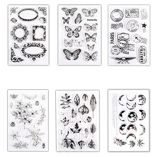 6 Stück Klar Silikonstempel Set, Transparente Silikonstempel, Silikonstempel Blumen und Blätter Set, für DIY Sammelalbum, Fotoalbum, Karten Herstellung von Eterspr