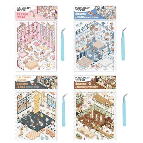 Eteslot 4Pack Room Sticker Book, Sticker Scene, Miniatur-Szenenaufkleber,Aufkleber Zum Stressabbau Mit -Effekt - Kabinenszenen-Aufkleber, Handkonto-Aufkleber von Eteslot