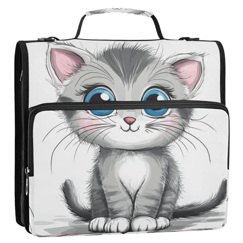 Aktenordner mit niedlichem Katzen-Cartoon-Design, 3 Ringe, mit Griff, Laege Kapazität, Portfolio-Ordner für Schule, Bolsa de Cremallera, Grau von EtherSpher