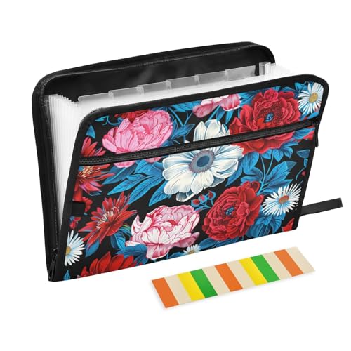 Anpassbare Dokumentenmappe mit Pfingstrosen und Gänseblümchen, 13 Taschen, A4, Briefform, Organizer mit Taschen mit Reißverschluss, erweiterbarer Aktenordner für Bürobedarf von EtherSpher