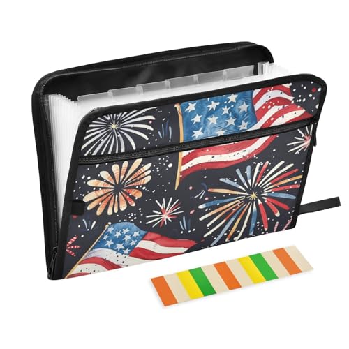 Anpassbare Dokumentenmappe mit amerikanischer Flagge, Feuerwerk, Aquarellfarben, 4. Juli, erweiterbar, 13 Taschen, A4, Briefgröße, Papier-Organizer mit Reißverschluss, für Büro von EtherSpher