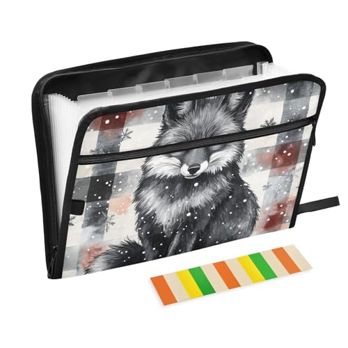 Anpassbare schwarze San Clemente Island Fox Buffalo Plaid Schneeflocken Weihnachten Erweiterungsmappe 13 Taschen A4 Briefgröße Aktenhalter mit Reißverschluss für von EtherSpher