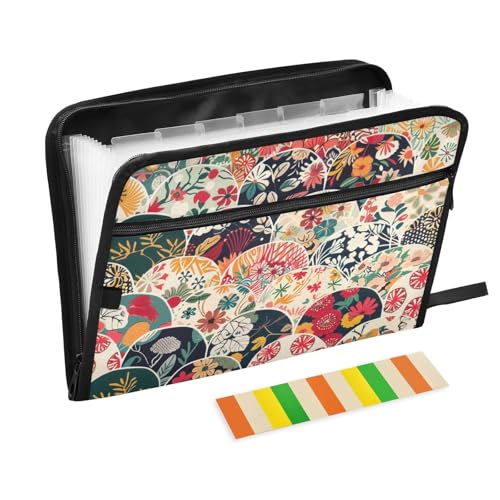 Anpassbarer japanischer Stil mit Fächermuster, erweiterbare Hängemappe, 13 Taschen, A4, Briefformat, Ordner mit Taschen mit Reißverschluss, Papier-Erweiterungsmappe für Zuhause, Büro, Reisen von EtherSpher