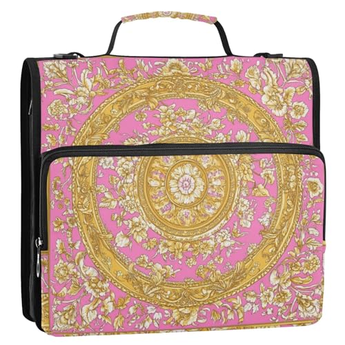 Bolsa de almacenamiento de archivos Retro-Blumenmuster, goldfarben und rosa, 3,8 cm, 3 Ringe, mit Reißverschluss, wasserdicht, Dokumentenmappe für Schule und Büro von EtherSpher