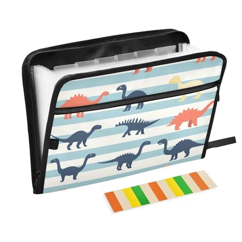 Erweiterbarer Ordner mit buntem Dinosaurier-Motiv, blau, gestreift, 13 Taschen, A4, Akkordeon-Aktenordner mit Reißverschluss, Kunststoff, Fächermappe für Büro, Schule von EtherSpher