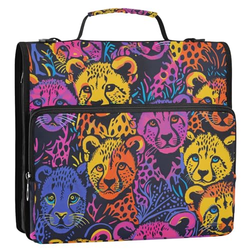 Happy Rainbow Cheetah Cubs Ringbuch-Organizer mit 3 Ringen, 3,8 cm, mit Schultergurt, mehrere Taschen, Dokumentenmappe, Organizer für Mittelschule, Clip de Cremallera von EtherSpher