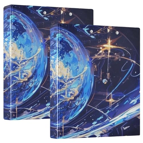 Notizbuch mit drei Ringen, 3,5 cm, Surrealismus, blau-gold, kosmischer Planet mit Klemmbrett, 1/2er-Pack, Schulbedarf, Hardcover, 2 Stück von EtherSpher