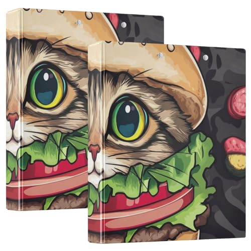 Ordner mit 3 Ringen, 3,5 cm, Cartoon-Hamburger-Kätzchen mit Klemmbrett, 1/2er-Pack, Schulbedarf, Binder, Hardcover, 2 Stück von EtherSpher