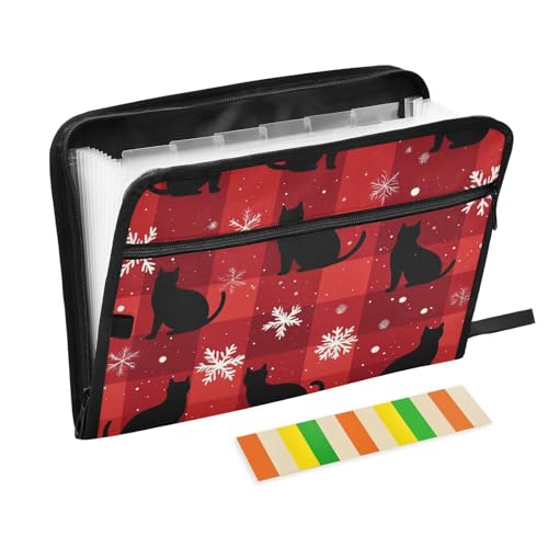 Personalisierbare schwarze Katzen-Büffelkarierte Schneeflocken, Weihnachten, erweiterbare Ordner, 13 Taschen, A4, Briefformat, Organizer mit Taschen mit Reißverschluss, Papierordner für Bürobedarf von EtherSpher