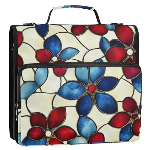 Red and Blue American Flowers 3,8 cm 3 Ringe Ordner Reißverschluss mit Griff und abnehmbarem Schultergurt inklusive Reißverschlusstasche Dokumentenmappe Organizer für Schule und Büro Cartera con von EtherSpher