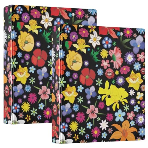 Runde Ringbücher 3,8 cm Frühling Sommer Blumen Muster Schwarz mit Innentaschen 1/2 Pack Schulordner Hardcover 2 Stück von EtherSpher