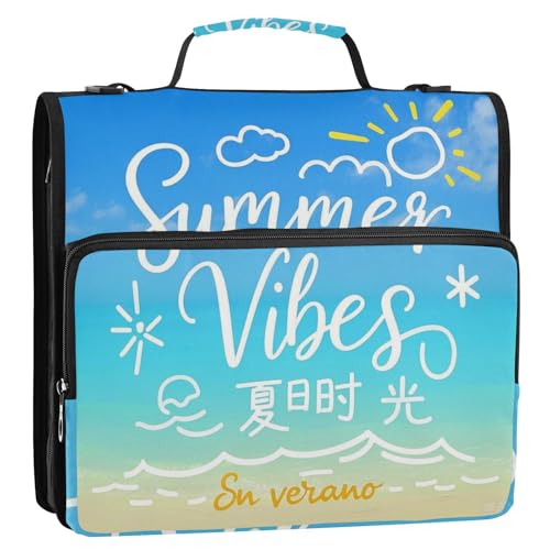 Summer Vibes Beach Aktenordner mit 3 Ringen, Reißverschluss, mit Schultergurt und Griff, mehrere Taschen, Portfolio-Ordner für Büro, Schule, Clip de Cremallera escolar von EtherSpher