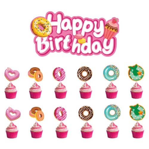 ETH-Happy Birthday Tortenaufsatz, personalisierbar mit Alter und Name, Glitzerkarte, Party-Kuchendekoration mit Donut- und Cupcake-Topper von Ethlomoer