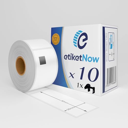 EtiketNow - 10 Rollen Brother DK-11208 kompatiblen Etiketten, 400 Etiketten, 38 mm x 90 mm, Permanent, Weiß, mit wiederverwendbarem Halter von EtiketNow