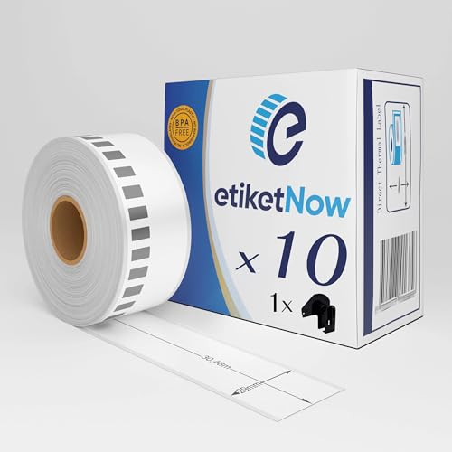 EtiketNow - 10 Rollen Brother DK-22210 kompatible Etiketten, Endlosetikett, 29 mm x 30,48 m, Permanent, Weiß, mit wiederverwendbarem Halter von EtiketNow