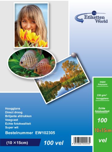 100 Blatt EtikettenWorld Fotopapier 10x15 cm 230g/qm hochglänzend wasserfest von EtikettenWorld