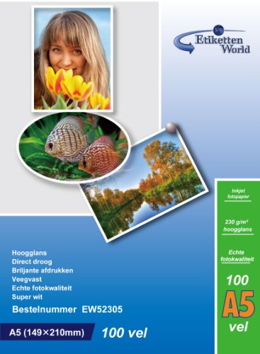 100 Blatt EtikettenWorld Fotopapier A5 230g/qm hochglänzend wasserfest von EtikettenWorld