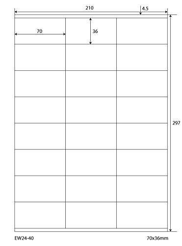 EtikettenWorld EW24-40-100, 2400 Etiketten selbstklebend 70x 36mm (100 Blatt DIN A4), 70g/qm, geeignet für Inkjetdrucker-, Laserdrucker und Kopierer. von EtikettenWorld