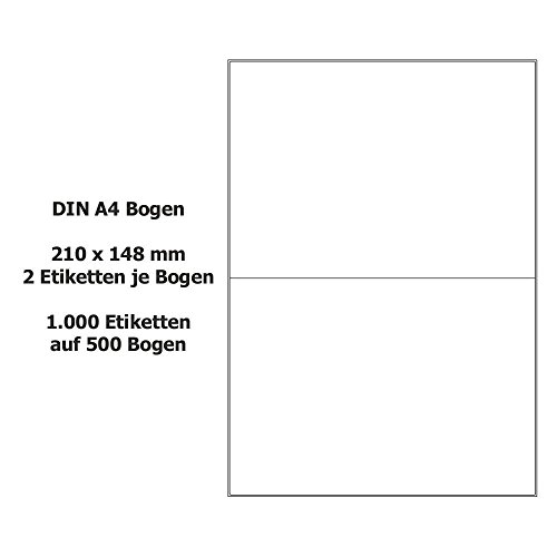 Haftetiketten auf DIN A4 Bogen - 210 x 148 mm - 1.000 Stück - 500 Bogen - permanent haftend - weiß von Etikettenshop Thon