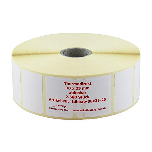 Thermo Etiketten auf Rolle - 38 x 25 - mm - 2.580 Stück - Hülse 25 mm - ABLÖSBAR von Etikettenshop-Thon