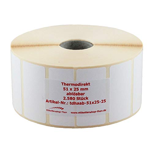 Thermo Etiketten auf Rolle - 51 x 25 - mm - 2.580 Stück - Hülse 25 mm - ABLÖSBAR von simhoa