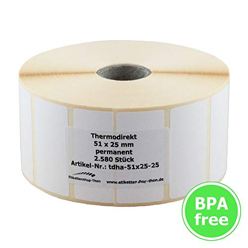 Thermo Etiketten auf Rolle - 51 x 25 - mm - 2.580 Stück - Hülse 25 mm - permanent haftend - BPA free von simhoa