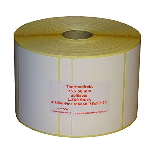 Thermo Etiketten auf Rolle - 75 x 50 - mm - 1.500 Stück - Hülse 25 mm - ABLÖSBAR von Etikettenshop-Thon