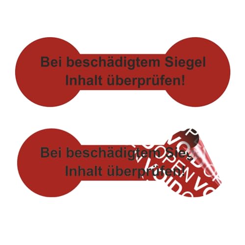 VOID OPEN Siegel - rückstandsfreie Sicherheitsetiketten "Bei beschädigtem Siegel Inhalt überpürfen!" auf Rolle - 60 x 20 mm Knochenform - rot (100) von Etikettenshop-Thon