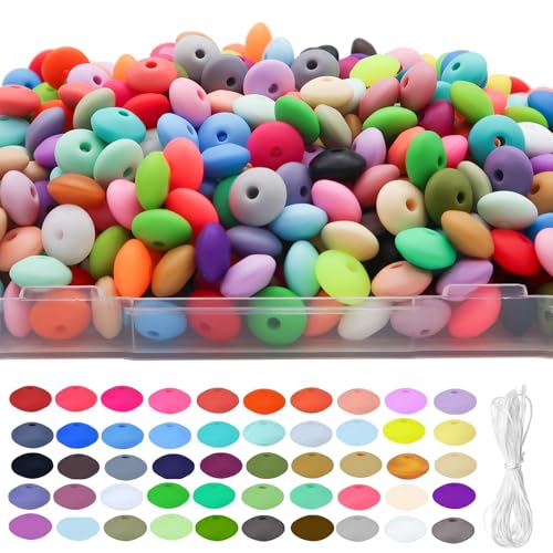 300Pcs Silikon Linsen Perlen 12mm 50 Farben Silikon Perlen Bulk Silikon Abacus Perlen Lose Abstandshalter Perlen Bunte Lanyard Perlen für Schmuck Armband Halskette Schlüsselanhänger Handwerk machen von EuTengHao