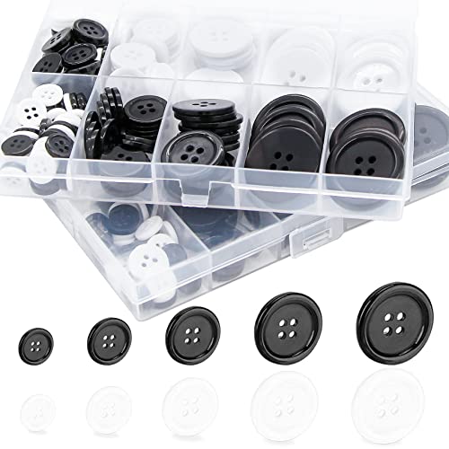 EuTengHao 160Pcs Harz Nähen Knöpfe Runde Black & White 4-Loch Handwerk Knöpfe mit separaten Fach Storage Box 5 Größen für Hemd Schneider Mäntel Kleidung Handwerk Projekte von EuTengHao